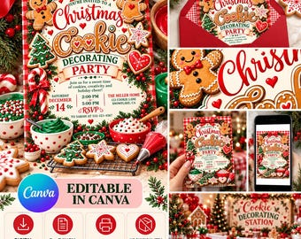 May include: A 5x7 inch Christmas cookie decorating party invitation featuring gingerbread people, a candy cane, and decorated cookies. The text reads: You're invited to a Christmas Cookie Decorating Party, Saturday December 14, 2:00 PM to 5:00 PM, The Miller Home, 123 Cookie Lane, Snowflake, CA, RSVP to Sarah at 555-123-4567.