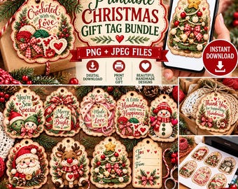May include: A digital bundle of printable Christmas gift tags featuring crochet-style illustrations of Santa, reindeer, snowmen, and Christmas trees with festive text like Merry and Bright, Made with Love, and You're Sew Special.