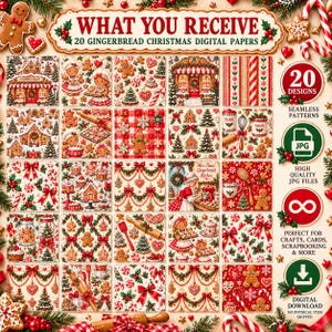 May include: A collection of 20 digital papers featuring gingerbread Christmas themes. The designs include gingerbread people, houses, candy canes, and baking tools in red, green, and white. Text reads: WHAT YOU RECEIVE 20 GINGERBREAD CHRISTMAS DIGITAL PAPERS.