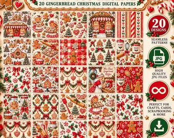 May include: A collection of 20 digital papers featuring gingerbread Christmas themes. The designs include gingerbread people, houses, candy canes, and baking tools in red, green, and white. Text reads: WHAT YOU RECEIVE 20 GINGERBREAD CHRISTMAS DIGITAL PAPERS.