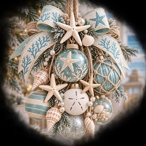 Puede incluir: Un conjunto de adornos navide&ntilde;os de tem&aacute;tica costera con bolas de cristal azul claro y blanco, estrellas de mar, conchas y perlas. El arreglo est&aacute; atado con una cuerda beige y una cinta con motivos de corales y estrellas de mar azules.