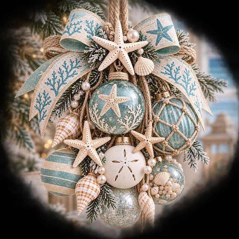 Puede incluir: Un conjunto de adornos navide&ntilde;os de tem&aacute;tica costera con bolas de cristal azul claro y blanco, estrellas de mar, conchas y perlas. El arreglo est&aacute; atado con una cuerda beige y una cinta con motivos de corales y estrellas de mar azules.