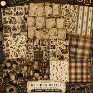 Puede incluir: Un paquete de papel digital con 12 diseños de temática de bruja de cocina. Los patrones incluyen tarjetas de recetas vintage, ilustraciones botánicas, frascos de boticario, setas, cuadros y utensilios de cocina en tonos tierra. Texto Kitchen Witch.