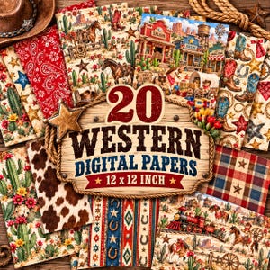 Op de afbeelding: Een collectie van 20 digitale Western-papieren met diverse ontwerpen zoals cactussen, paarden, cowboylaarzen, treinen en rode paisley-patronen. Een centraal houten bord toont de tekst 20 WESTERN DIGITAL PAPERS 12 x 12 INCH.