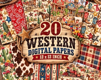 May include: A collection of 20 Western digital papers featuring various designs including cacti, horses, cowboy boots, trains, and red paisley patterns. A central wooden sign displays the text 20 WESTERN DIGITAL PAPERS 12 x 12 INCH.