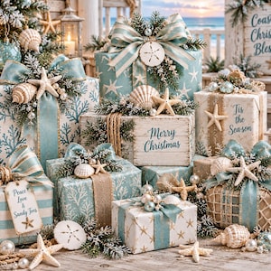 Puede incluir: Una colecci&oacute;n de cajas de regalo envueltas en papel con tem&aacute;tica costera que presenta patrones de estrellas de mar, corales y conchas. Los paquetes est&aacute;n adornados con cintas azul claro, ramas de pino y varias conchas, con textos como Merry Christmas y Peace Love & Sandy Toes.