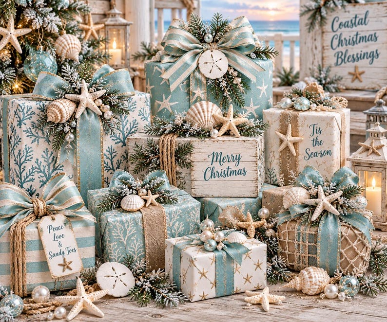 Puede incluir: Una colecci&oacute;n de cajas de regalo envueltas en papel con tem&aacute;tica costera que presenta patrones de estrellas de mar, corales y conchas. Los paquetes est&aacute;n adornados con cintas azul claro, ramas de pino y varias conchas, con textos como Merry Christmas y Peace Love & Sandy Toes.