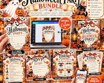 May include: An editable Halloween party bundle featuring a ghost, black cat, and pumpkin illustrations. Includes a 5x7 invitation, RSVP card, welcome sign, costume contest sign, voting cards, and tent cards, all displayed on a laptop and phone screen.