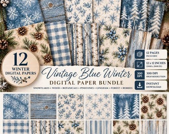 May include: A collection of 12 winter-themed digital papers featuring patterns of blue snowflakes, wood grain, pinecones, gingham, birch bark, forest trees, and berries. The set includes 12 pages measuring 12 x 12 inches at 300 DPI.