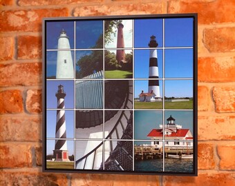 May include: A framed square artwork featuring a grid of lighthouse images hangs on a brick wall. The scene includes a vintage typewriter, decorative plants in black pots, and geometric pendant lights.
