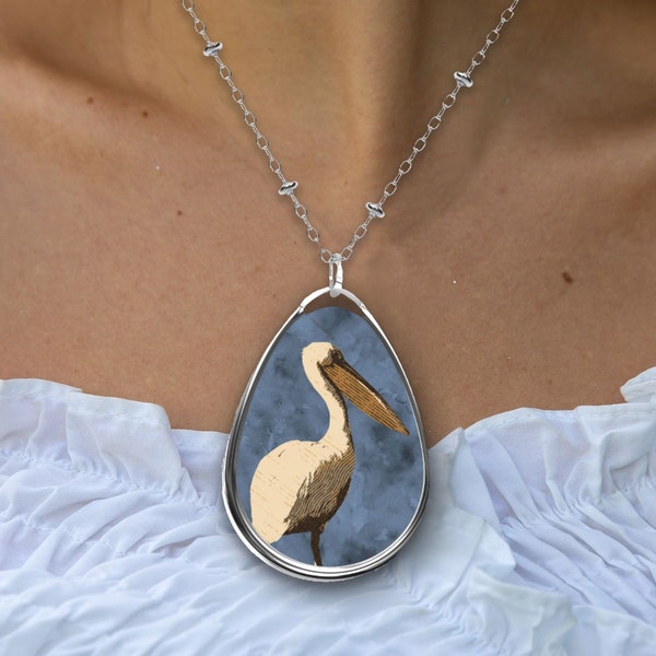 Mr. Pelican Large Oval Teardrop Necklace - Artsy Engraved Woodblock Pelican design, great gift for pelican & animal lovers