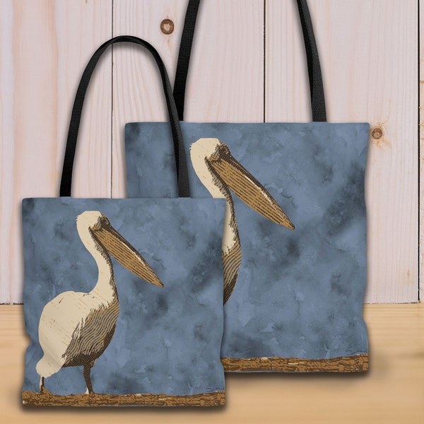 Mr. Pelican Tote Bag - Unique Retro/Vintage Hand-Tooled Look, Chill Beach Vibe, Mixed Media Art, Original Graphic Design