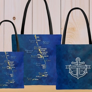 Nautical Illustrated Outer Banks NC Map - AOP Tote Bag - Eclectic Artsy OBX Beach Bag