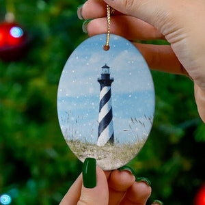 Happy Holidays from Hatteras Lighthouse! Outer Banks OBX Christmas Ornament - Holiday Gifts for Beach Lovers - Ceramic Ornaments