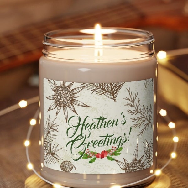 Heathen's Greetings! 9oz Scented Natural Soy Candle - Atheist/Non-religious Christmas w/ old-fashioned vintage holiday greenery sketches