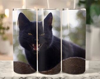Magical Black Cat Hissing on Fence - Spooky Halloween Tumbler Wrap - Witchy Kitty guards off trespassers