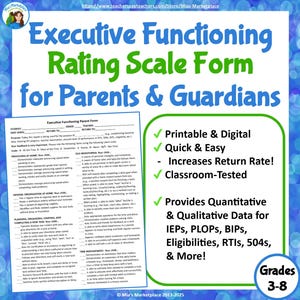 Puede incluir: Un formulario de escala de calificación de la función ejecutiva imprimible y digital para padres y tutores. El formulario está probado en el aula y proporciona datos cuantitativos y cualitativos para IEP, PLOP, BIP y más. Grados 3-8.