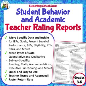 Könnte beinhalten: Eine türkisfarbene und weiße Grafik mit dem Text "Student Behavior and Academic Teacher Rating Reports". Das Bild enthält einen Beispielbericht und listet Funktionen wie spezifische Daten, Datentypen und Benutzerfreundlichkeit auf. Klassen 3-5.