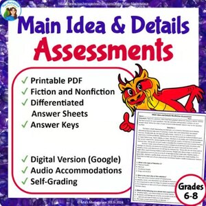 Peut inclure: Ressource éducative blanche avec le titre "Main Idea & Details Assessments" en bleu et rouge. Illustration d'un dragon rouge et jaune. Contient du texte : PDF imprimable, Fiction et Non-fiction, Feuilles de réponses, Version numérique et Grades 6-8.