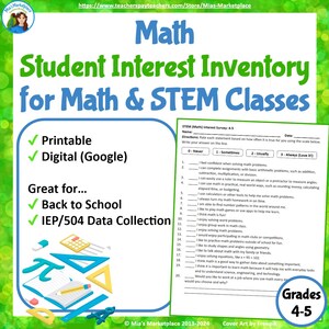 Könnte beinhalten: Ein druckbares und digitales (Google) Mathe-Interesseninventar für Mathe- und MINT-Kurse. Das Dokument ist für die Klassen 4-5 konzipiert und enthält eine Umfrage zur Erfassung des Interesses der Schüler an Mathematik. Ideal für den Schulanfang und die IEP/504-Datenerfassung.