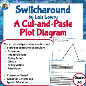 Puede incluir: Una hoja de actividades para el aula titulada "Switcharound" de Lois Lowry. El texto rojo dice "A Cut-and-Paste Plot Diagram". La hoja incluye un diagrama de la trama, vocabulario y elementos de la secuencia de la historia. Para los grados 3-5.