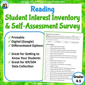 May include: A green and white educational resource titled "Reading Student Interest Inventory & Self-Assessment Survey." The survey is for grades 4-5 and includes printable, digital, and differentiated options. It is designed to help educators gather data.
