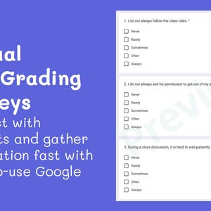 May include: A digital image on a blue background with the text "Virtual Self-Grading Surveys". It also includes a sample survey with multiple-choice questions. The text encourages connecting with students and gathering information using Google Forms.