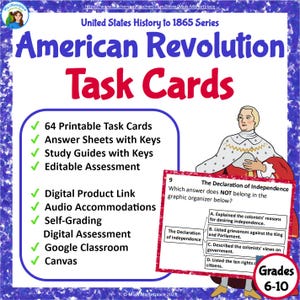 May include: Educational task cards for American Revolution history, with the text "American Revolution Task Cards." The image includes a list of features, such as printable task cards, answer sheets, and digital links. A sample question card is also shown.