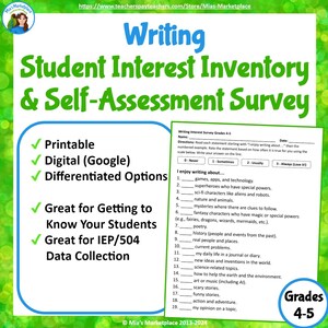 Könnte beinhalten: Ein grünes und weißes Bildungsmaterial mit dem Titel "Writing Student Interest Inventory & Self-Assessment Survey". Die Umfrage ist für die Klassen 4-5 und behandelt Schreibinteressen. Merkmale sind druckbare, digitale und differenzierte Optionen.