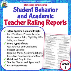 Puede incluir: Un colorido póster educativo titulado "Student Behavior and Academic Teacher Rating Reports" con una lista de características y un informe de muestra para el primer grado. El póster destaca los datos, la facilidad de uso y la aprobación del profesorado.
