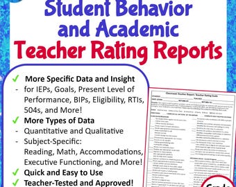 Può includere: Un poster educativo colorato intitolato "Student Behavior and Academic Teacher Rating Reports" con un elenco di funzionalità e un rapporto di esempio per la 1a elementare. Il poster evidenzia i dati, la facilità d'uso e l'approvazione degli insegnanti.
