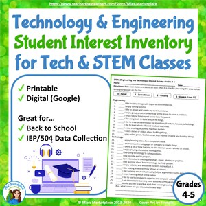Könnte beinhalten: Ein farbenfrohes Bildungsmaterial mit dem Titel "Technologie- und Ingenieurwesen-Interesseninventar für Technik- und MINT-Klassen". Das Bild enthält einen Fragebogen, einen Laptop und den Text "Grades 4-5".