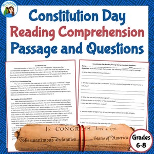 Puede incluir: Una hoja de trabajo de comprensión lectora del Día de la Constitución con un borde azul. El título es "Constitution Day Reading Comprehension Passage and Questions". La hoja de trabajo incluye un pasaje y preguntas para los grados 6-8.