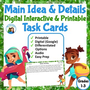 May include: Digital interactive and printable task cards for grades 1-3. The image features two cartoon children, one with a flamingo float and the other with a beach ball. Text includes "Main Idea & Details" and "Printable, Digital, Differentiated, Options, Audio, Easy Prep."