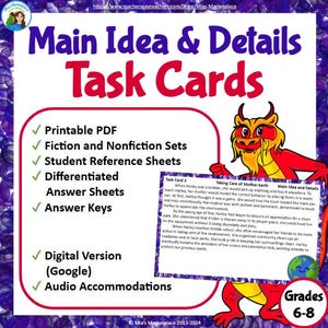 May include: A colorful educational task card set titled "Main Idea & Details" for grades 6-8. The image features a red dragon illustration and lists features like printable PDF, answer sheets, and digital versions.