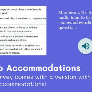 May include: A blue graphic with text and audio icons. The text reads "Audio Accommodations" and describes a survey with read-aloud options. The image also includes a list of statements about focusing.