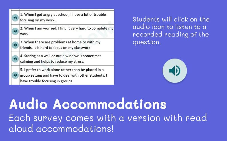 May include: A blue graphic with text and audio icons. The text reads "Audio Accommodations" and describes a survey with read-aloud options. The image also includes a list of statements about focusing.