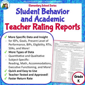 Puede incluir: Un recurso educativo azul y blanco titulado "Student Behavior and Academic Teacher Rating Reports". La imagen incluye un informe de muestra y viñetas que resaltan los datos, la facilidad de uso y la aprobación del profesorado. El informe es para el grado K.
