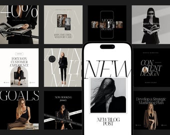 May include: A collection of digital marketing and business-related graphics. The images feature text such as "New Blog Post", "Goals", and "Focus on Customer Experience". The color scheme is primarily black, white, and beige, with images of people and mobile phones.