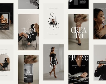 May include: A collection of social media posts featuring a variety of images and text. The images include a woman in a black dress, a woman in a black outfit, a woman reading a book, and a woman sitting in a chair. The text includes the words "Dream, Plan, Do", "Creative", "Book", "Now", "Fashion", "40% off", and "Now Booking".