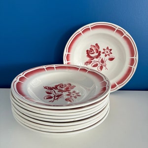 1900s set of 10 opaque porcelain soup plates Badonviller - floral plate with pink burgundy motif vintage country house