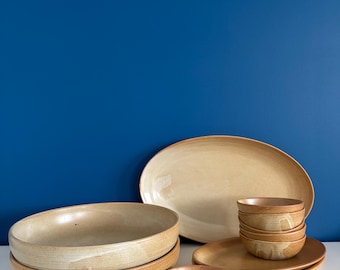 village stoneware tableware made in France - set of vintage stoneware serving dish and bowl