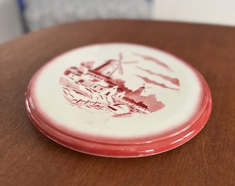 Dessous de plat ancien en faïence et bois Décor paysage