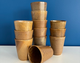 Lot of French enamelled stoneware tumblers/stoneware tumblers, vintage ceramic coffee cups, primitive cider tumblers