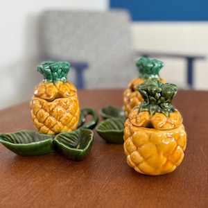 vintage ceramic pineapple slip mustard pots - vintage fruit slip tableware