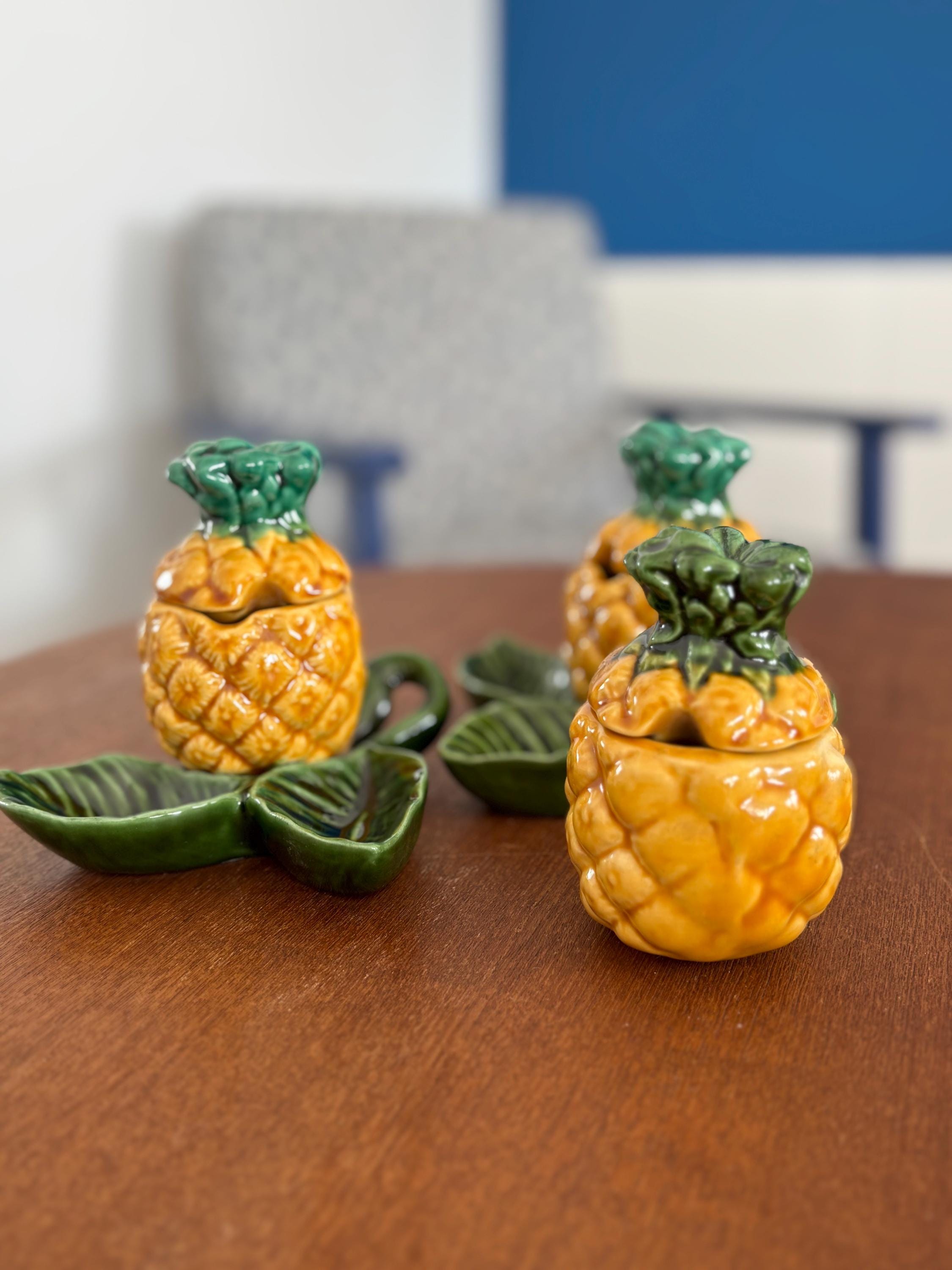 vintage ceramic pineapple slip mustard pots - vintage fruit slip tableware