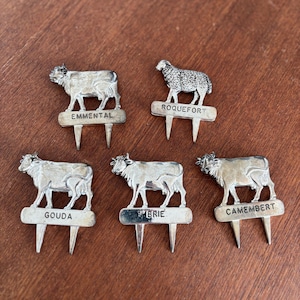 Set of 5 Vintage Engraved Metal Cheese Markers - French Cow, Goat Cheese
