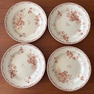 Peut inclure: Quatre assiettes rondes en céramique avec une base couleur crème et un motif floral marron. Chaque assiette présente une bordure florale décorative marron ainsi que des bouquets de roses imprimés au centre et sur les bords de la vaisselle.
