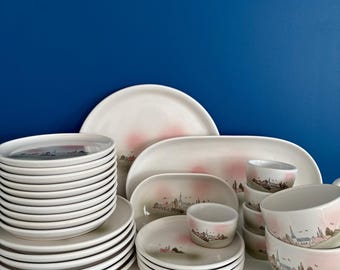 tableware set - vintage plate bucholic village pornic earthenware factory - made in france - vintage dish - old plates