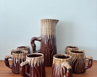 Vintage Pol Chambost Keramikservice, Dekor „Baum“ – Krug und Tassen – französisches Design, 1970er Jahre